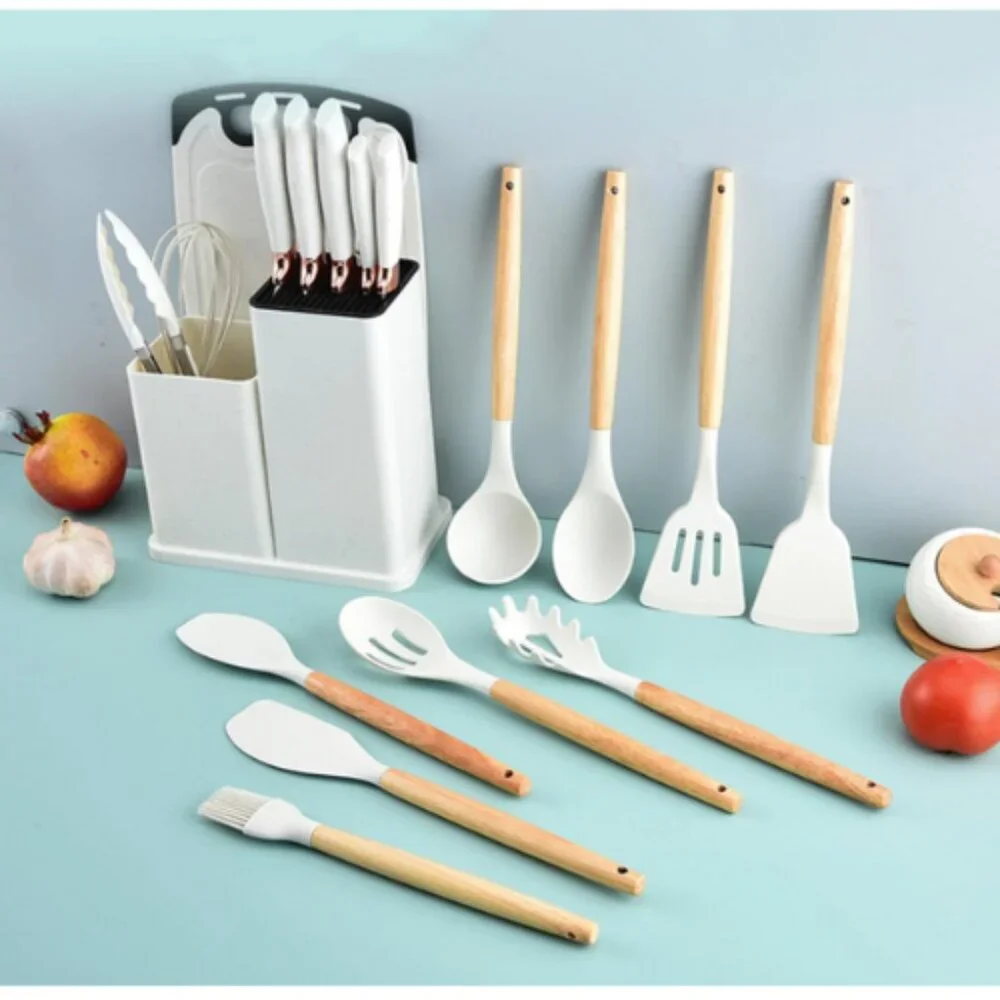 Kitchen Silicone Utensils 19 Piece Wooden Set Spatula, Knife Set, Cutting Board